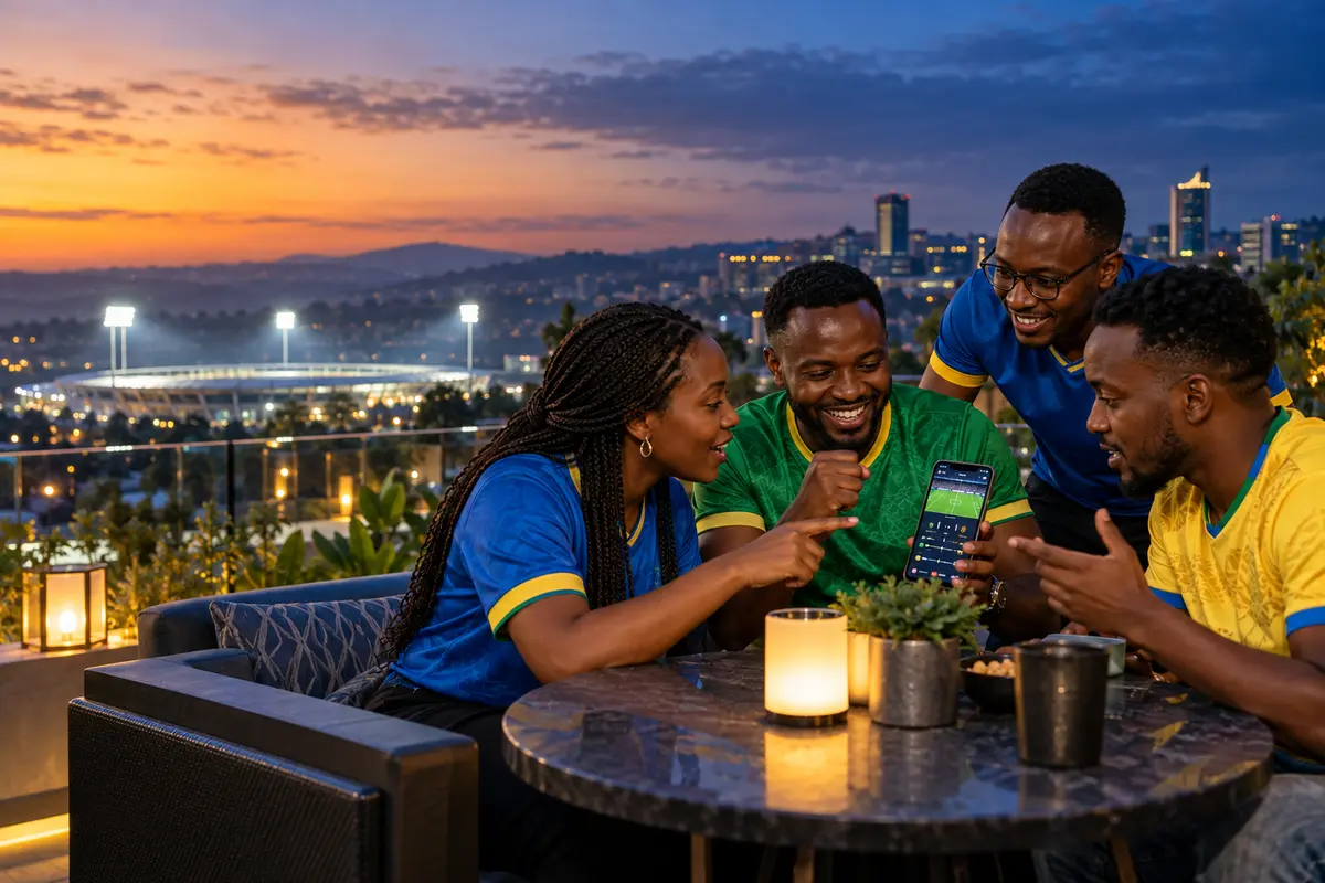 Adult supporters discussing live football information in Kigali