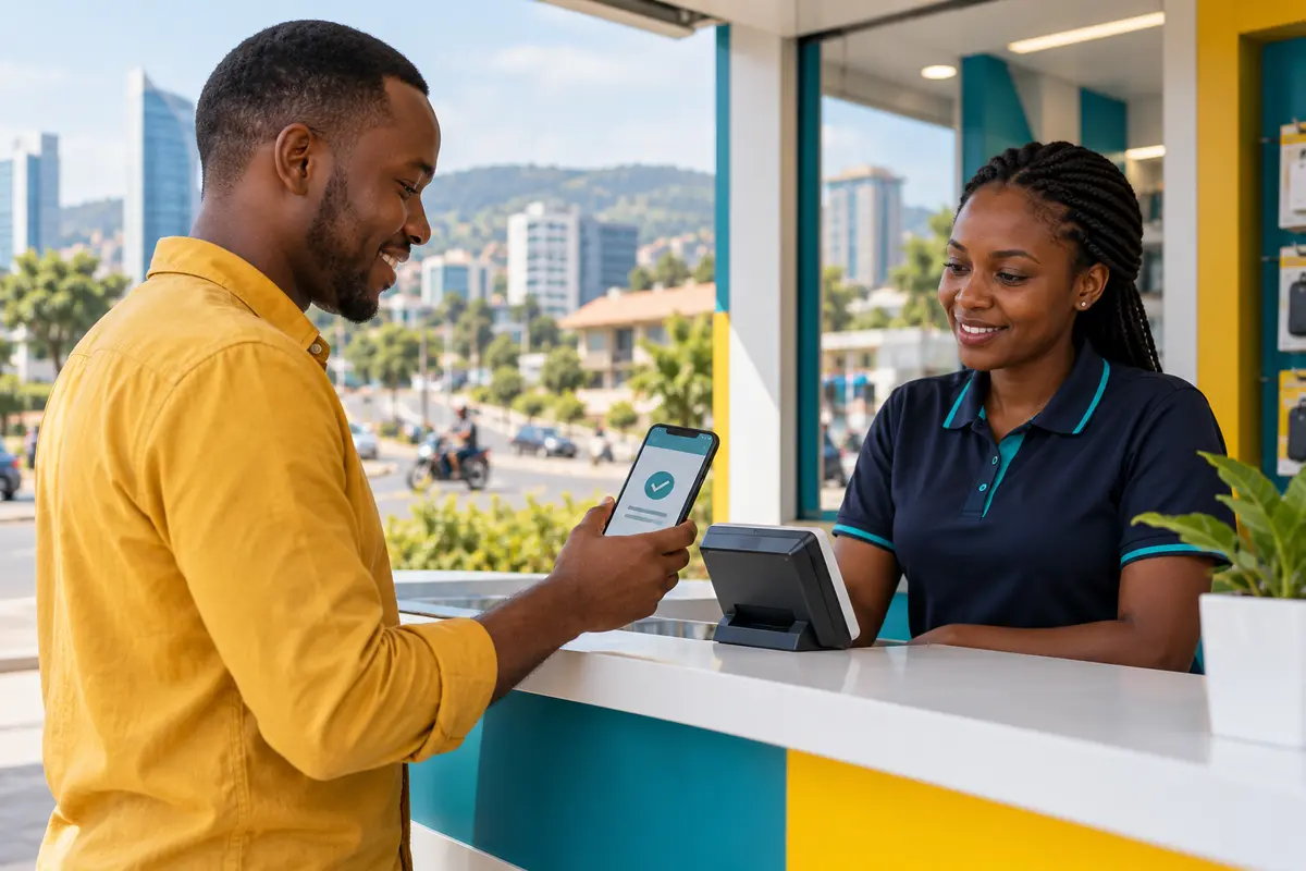 Adult customer completing a secure mobile payment at a service counter in Kigali