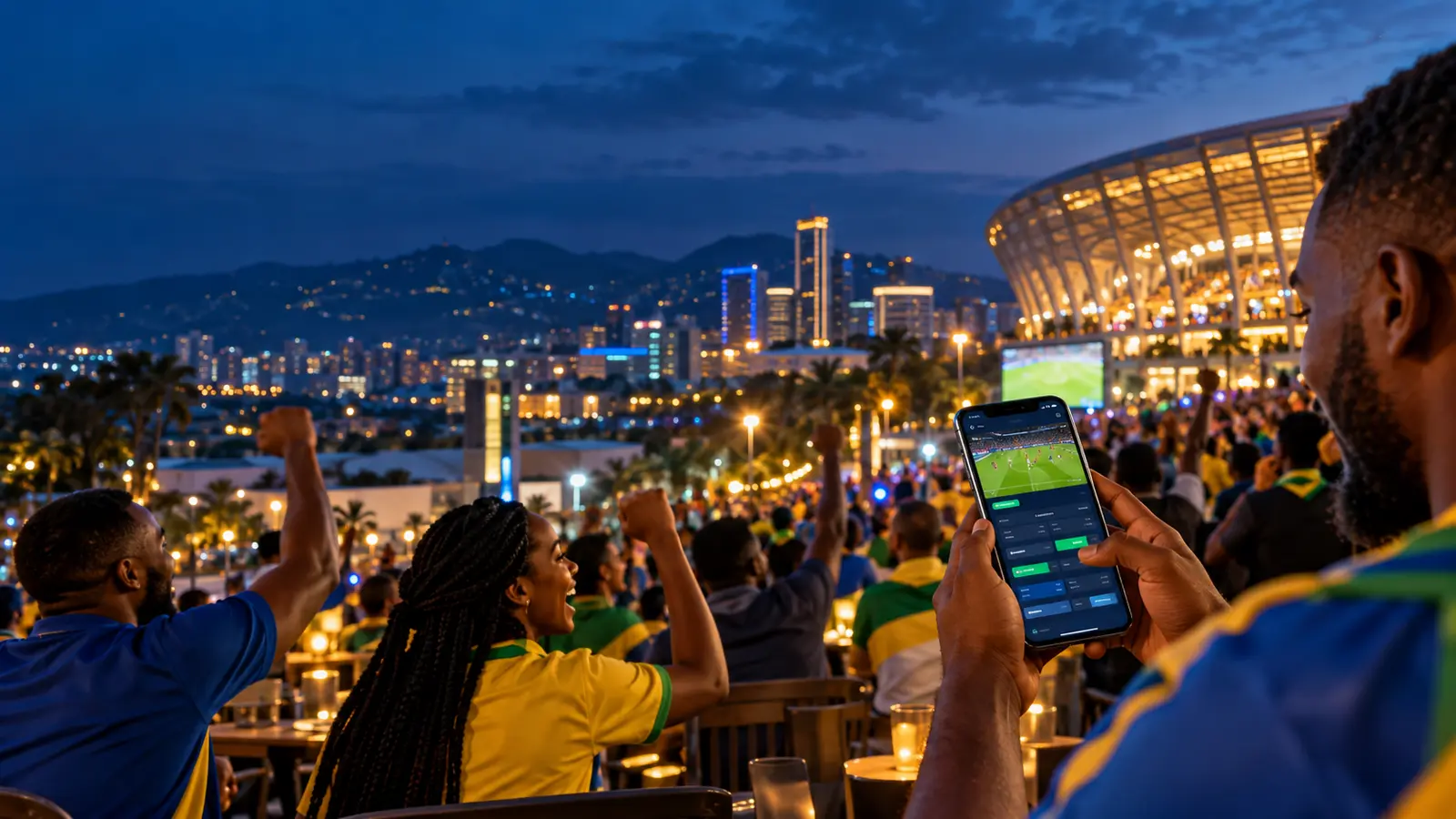 Adult football supporters in Kigali checking a mobile match interface